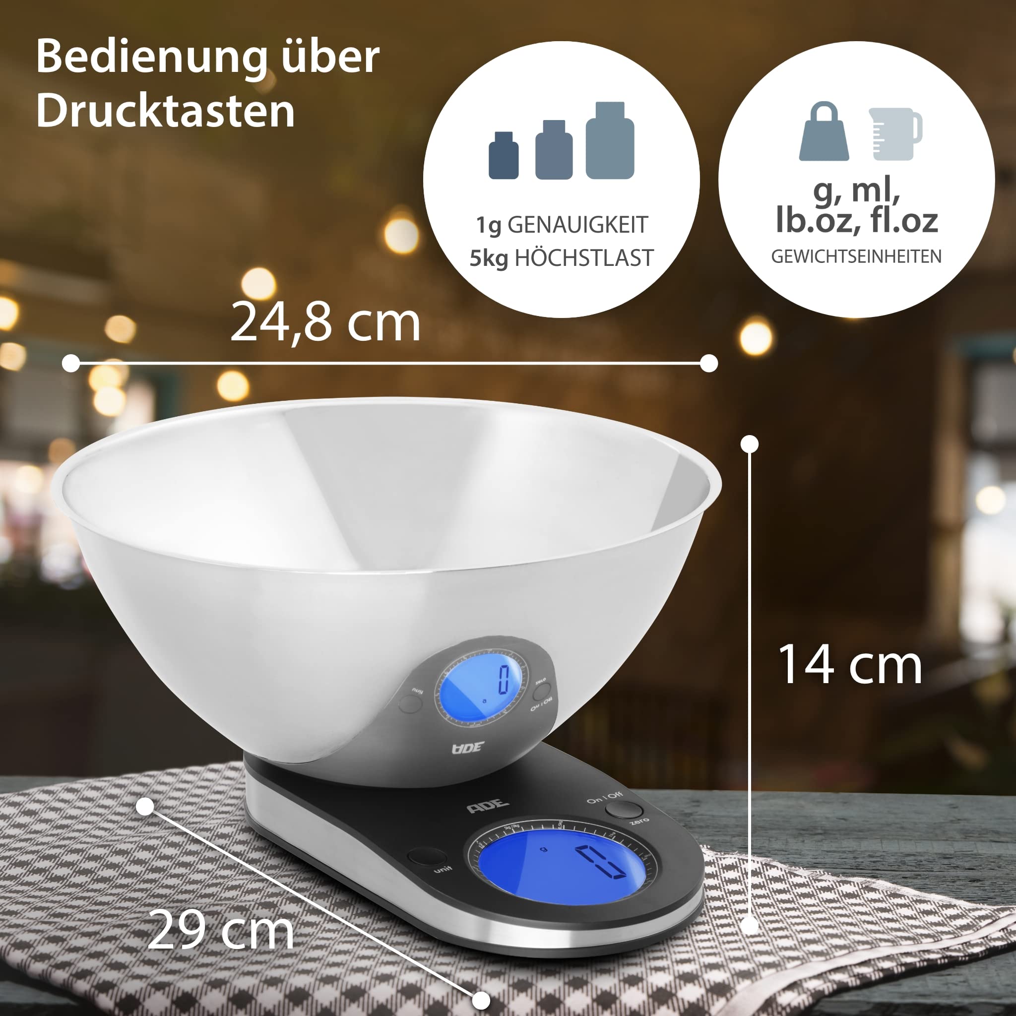 ADE Digitale Küchenwaage mit Schüssel aus Edelstahl | sehr präzise Grammwaage bis 5 kg | große Ziffern, gut ablesbar | hochwertige abnehmbare 2 l Schüssel