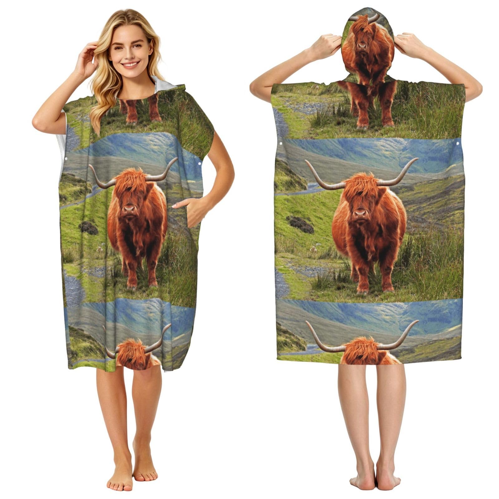 Poadnly Brown Highland Cattle, Adult Hooded Beach Towel 90 x 110 cm,Changing Bath Robe, Surf Poncho Towel For Women Men