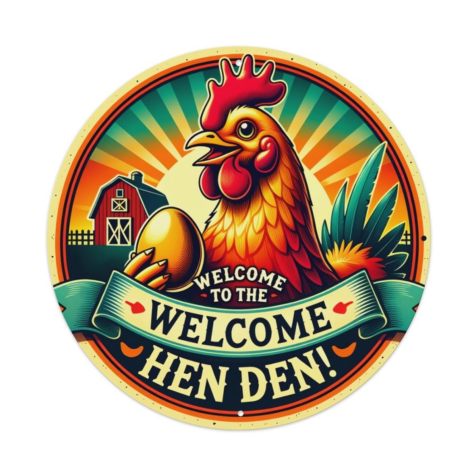 Chicken Barn Egg Sunburst Banner Round Tin Sign Retro Metal Sign for Cafe Bar Pub Home Game Room Gym Club Wall Decoration Vintage Metal Poster 8x8 Inch