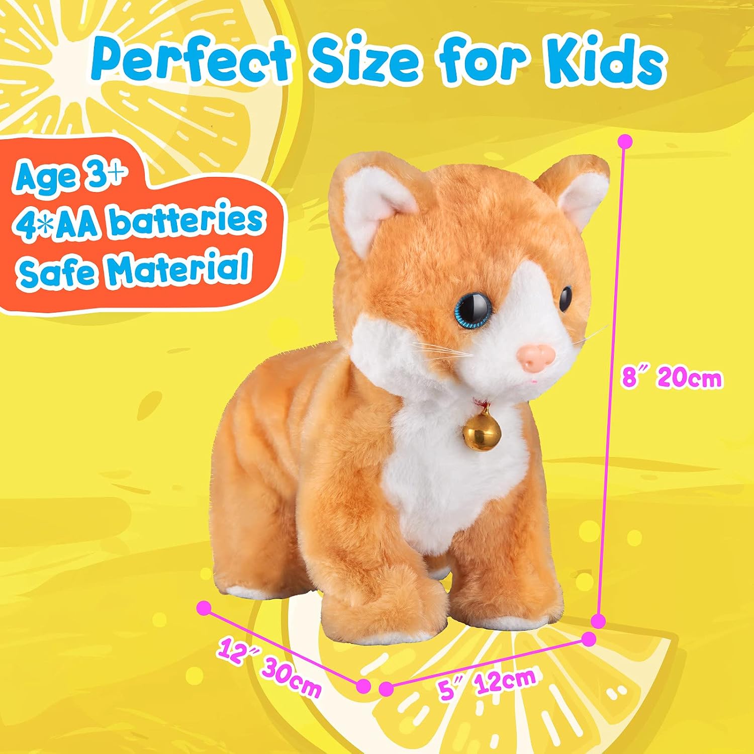 Yellow Plush Robot Cat Stuffed Animal Interactive Cat Robot Toy, Robotic Cat Barking Meow Kitten Touch Control, Animated Kitty Cat Pet, Robot Cat Kitty Toy for Kids Children Birthday H:12"