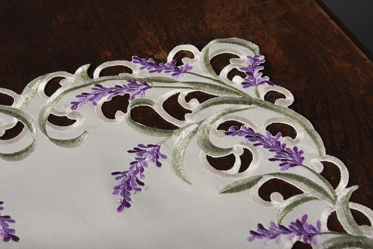 XD17107 Lavender Lace Embroidered Cutwork Table Runner, 15 by 70-Inch, Ivory