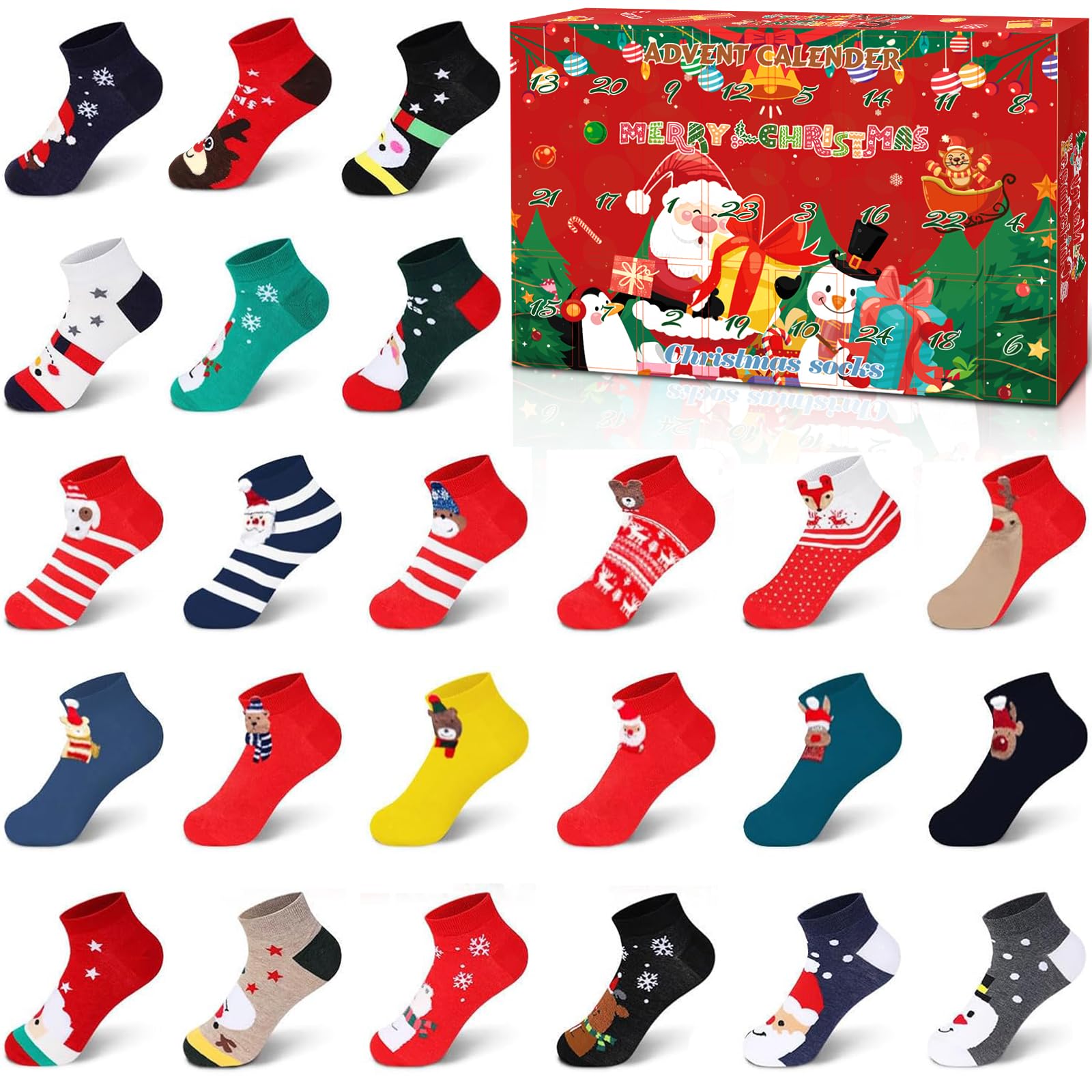 24 Paires Chaussettes De Noël, Fantaisie Chaussette de Noël, Coton Respirant Chaussettes Noel Femme Homme 36-44, pour Noël, Anniversaires et Calendrier de L'avent