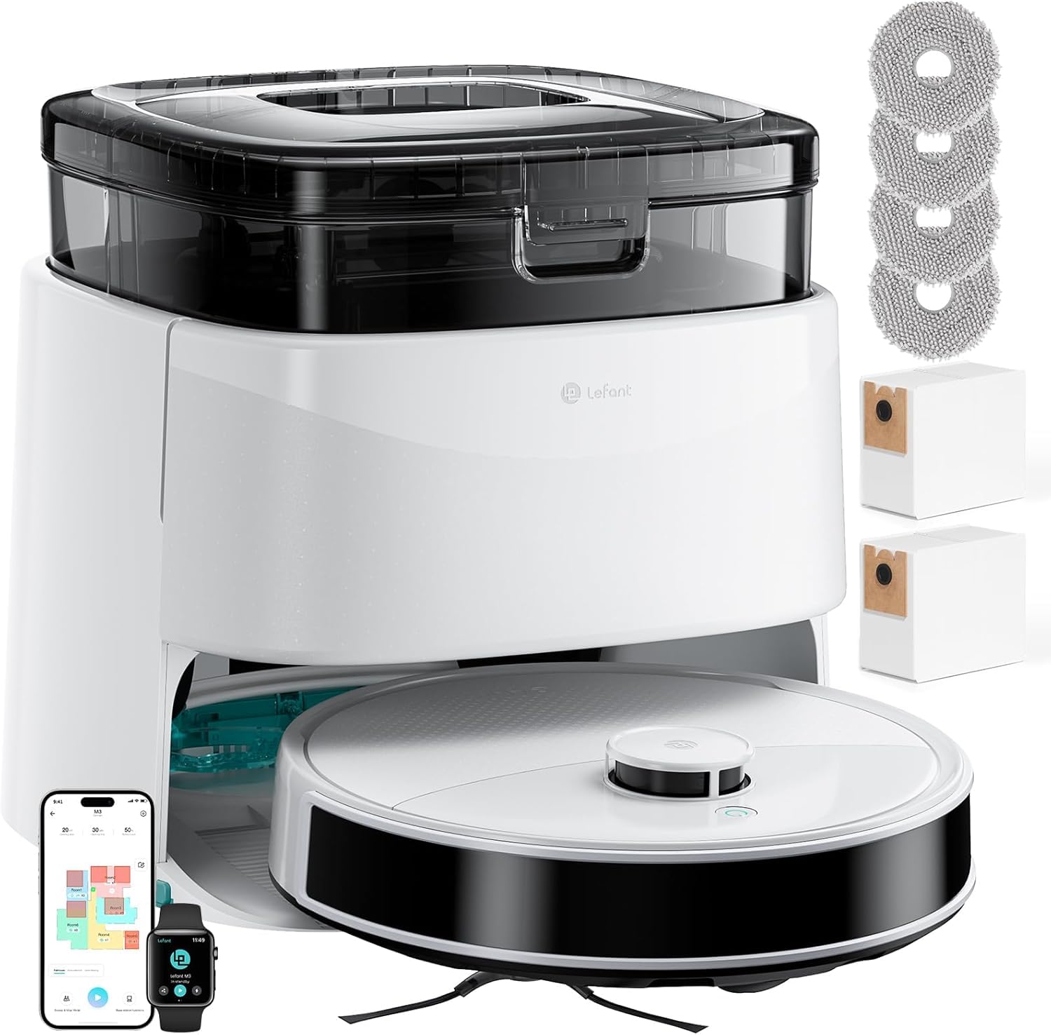 Lefant Robot Vacuum and Mop, 12000Pa Suction, 90-Day Self-Emptying, Obstacle Avoidance, Auto Mop Washing&Drying, All-in-One for Pet Hair Carpet, 5G WiFi Alexa/APP/iWatch Control, M3