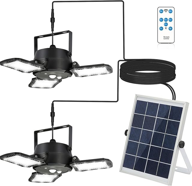 Dual Head Solar Pendant Lights Outdoor/Indoor,IP65 Waterproof Solar Security Motion Sensor Lights with Remote Control,Upgrade Day Working Lighting Mode for Garden/Yard/Porch/Garage