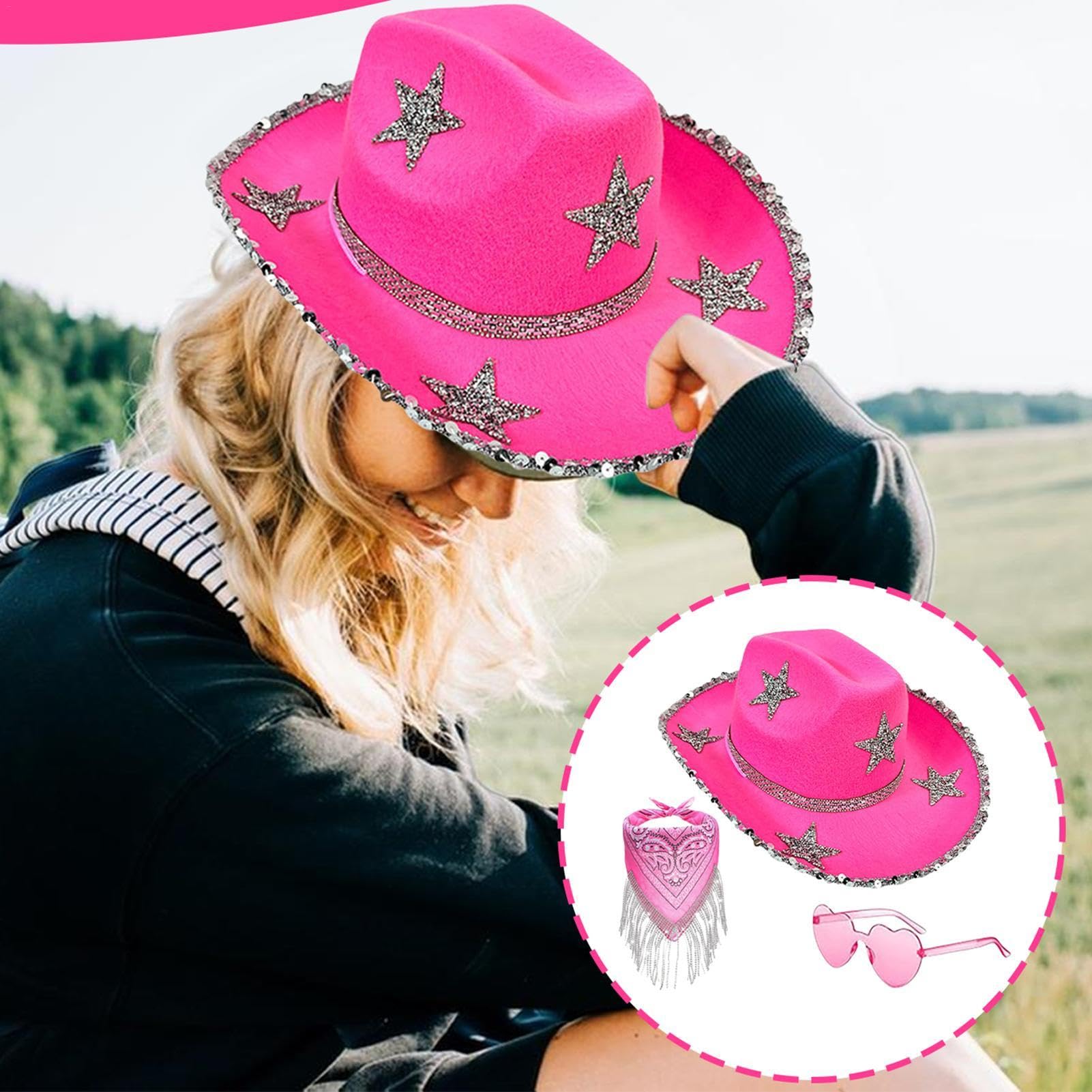 Sombreros de vaquero brillantes para mujer, gorro de vaquera con purpurina, 3 gorros clásicos de vaquero con purpurina con gafas de sol, disfraz de fiesta de Halloween, juego de accesorios