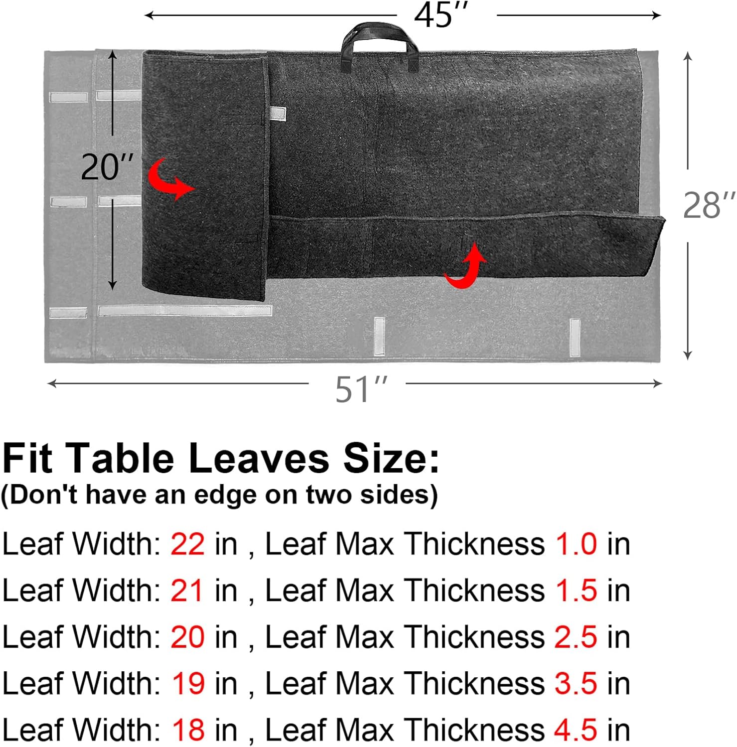Table Leaf Storage Bag 2 Pack, Extra Thick Padded Felt Table Leaf Covers for Storage, Fits 48x24in Table Leaves, with Adjustable Straps & Reinforced Handles, Ultra Soft Dining Table Leaf Protector