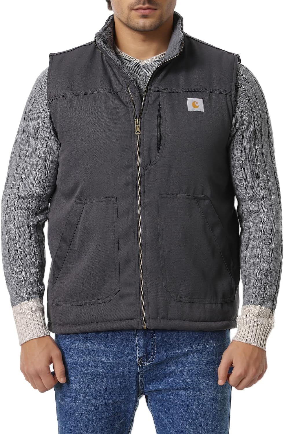 Men's Loose Fit Workwear Vest Fleece-Lined Durability Waterproof Mock-Neck Vest