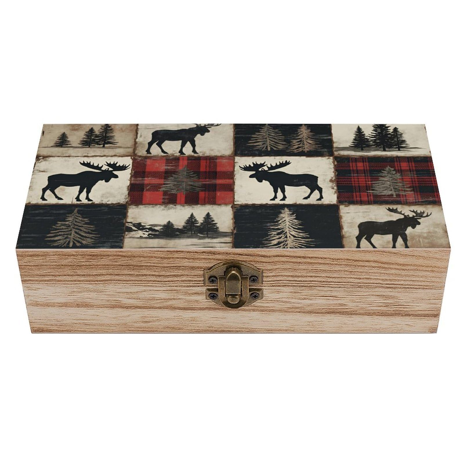 SMAZDFXX Moose Pine Tree Plaid Wooden Keepsake Box Vintage Solid Wood with Hinged Lid 7.9"×3.7"×2.3" Metal Latch Rustic Home Decor for Jewelry Photos And Trinkets