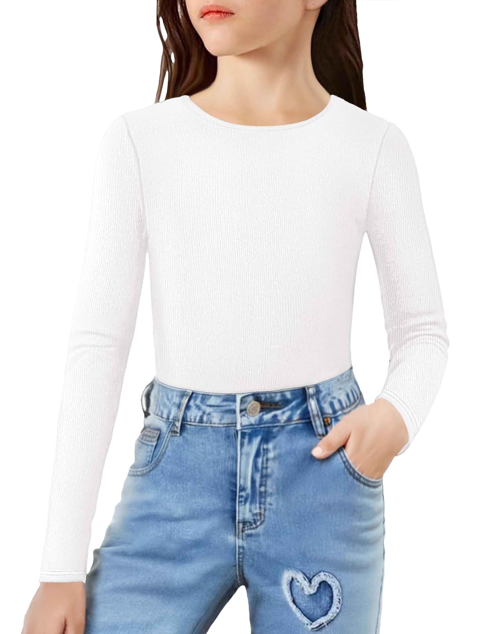 Arshiner Girls Long Sleeve Ribbed Knit Shirts Slim Fit Base Layer Tops Tees Long Sleeve