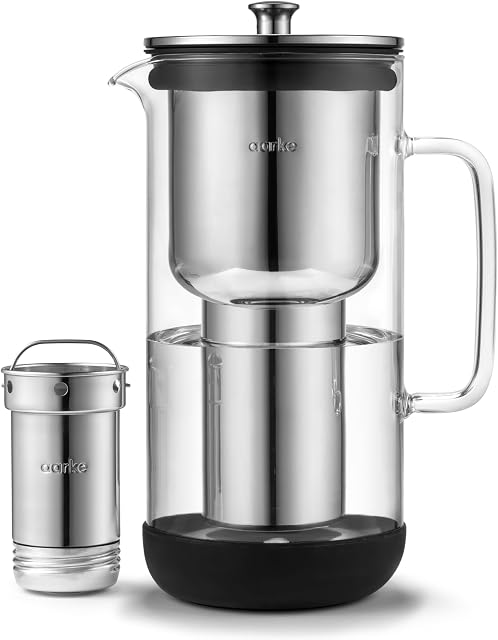 Aarke Pitcher d'eau en verre purificateur, filtre en acier inoxydable rechargeable, 8-Weeks Performance, sans BPA, lave-vaisselle sans danger, pur & Granules de remplissage enrichies, 1.18L (5 Capacités