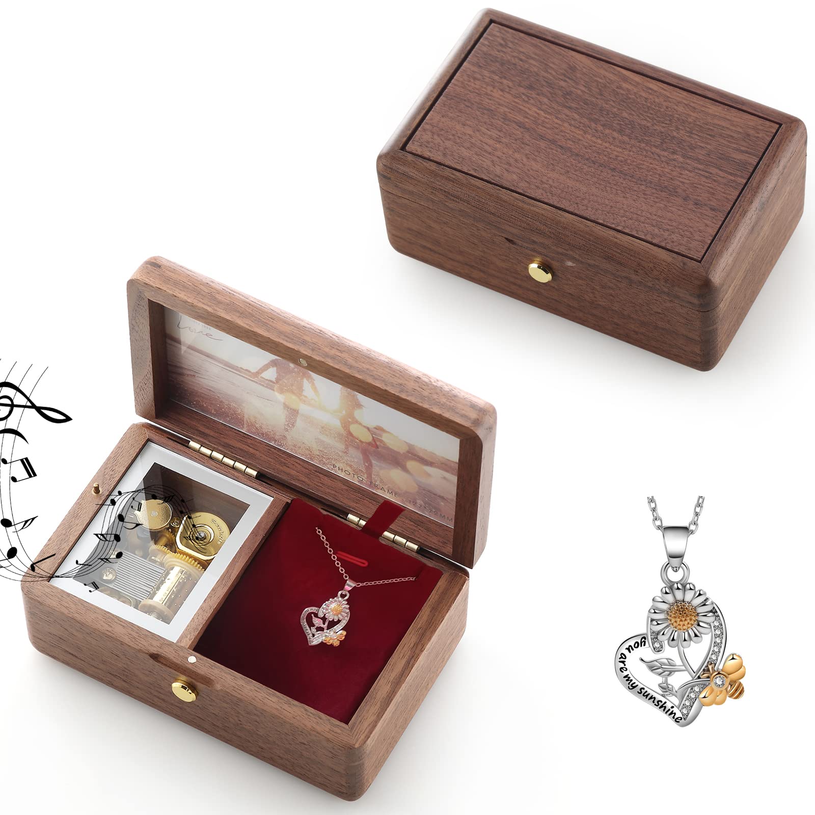 Carillon portagioie in legno massello naturale con meccanismo a orologeria, scatola ornamentale per anniversario, cornice per foto, regalo per compleanno, San Valentino, matrimonio, Natale