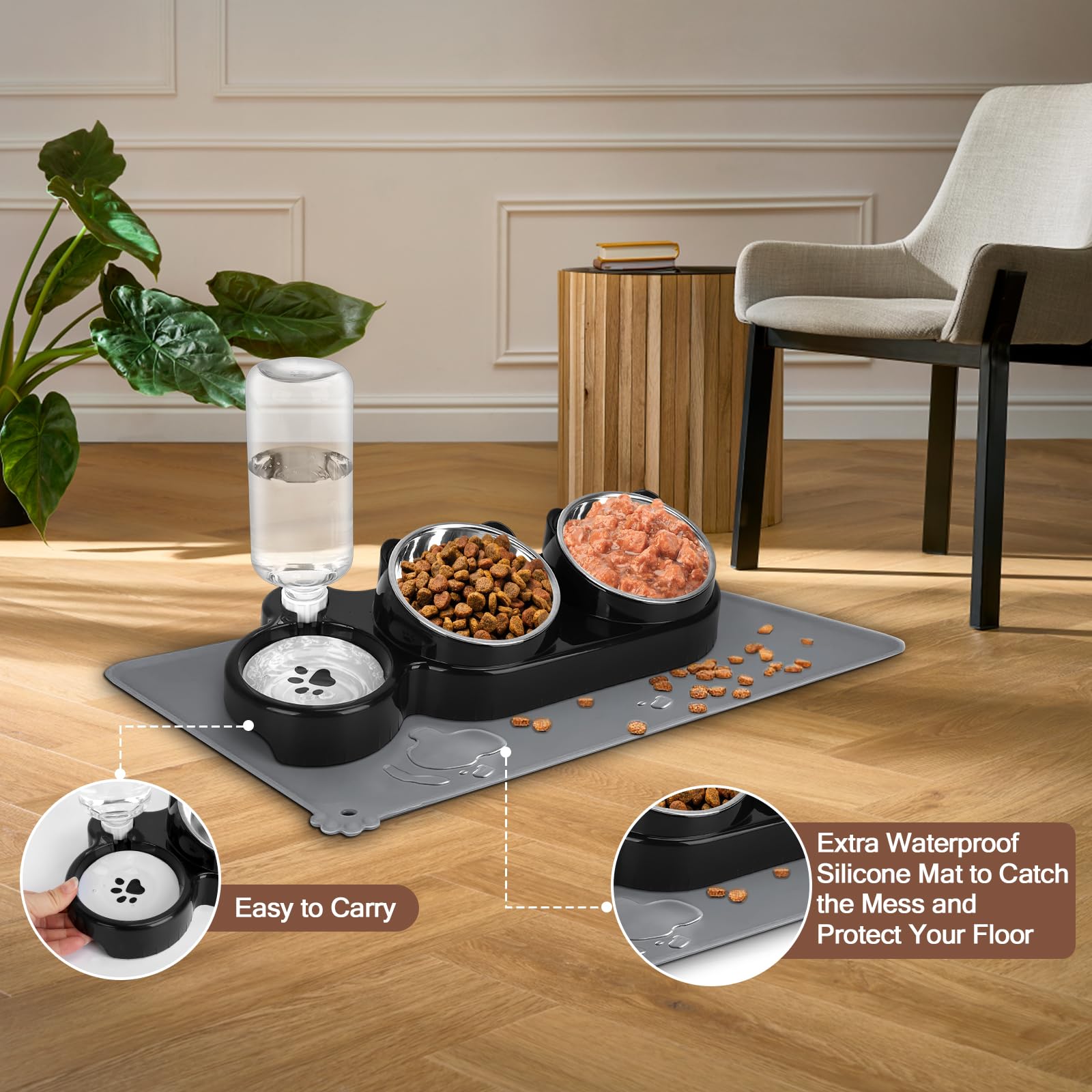 Ensemble de gamelles surélevées en acier inoxydable avec bouteille d'eau automatique et tapis imperméable pour chats/chiots, station d'alimentation 3 en 1 pour nourriture humide/sèche, noir