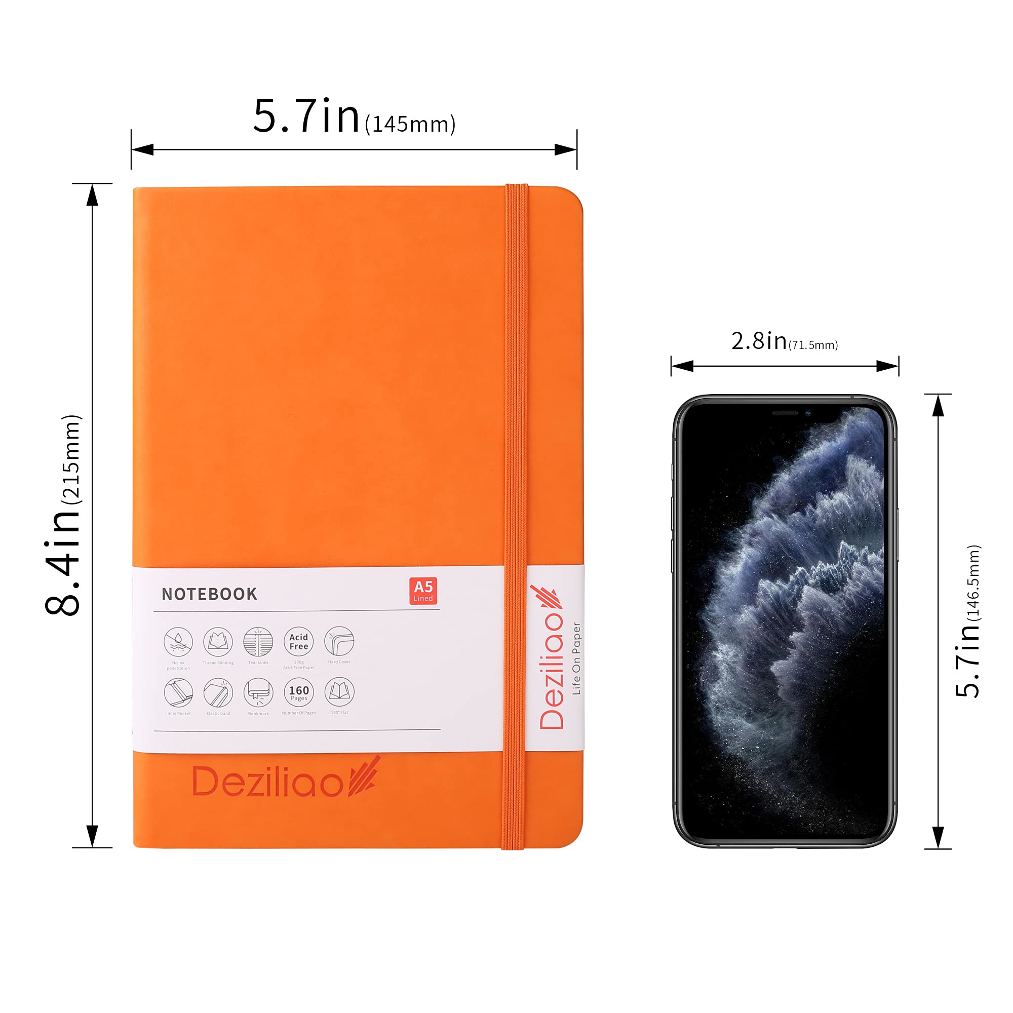 Deziliao DE0005JU Klassisches Hardcover Notizbuch mit Stiftschlaufe, College liniert, Schreibtagebuch, dickes 100 g/m² liniertes Papier, Luxus-Geschenkbox, 13,2 x 21,6 cm