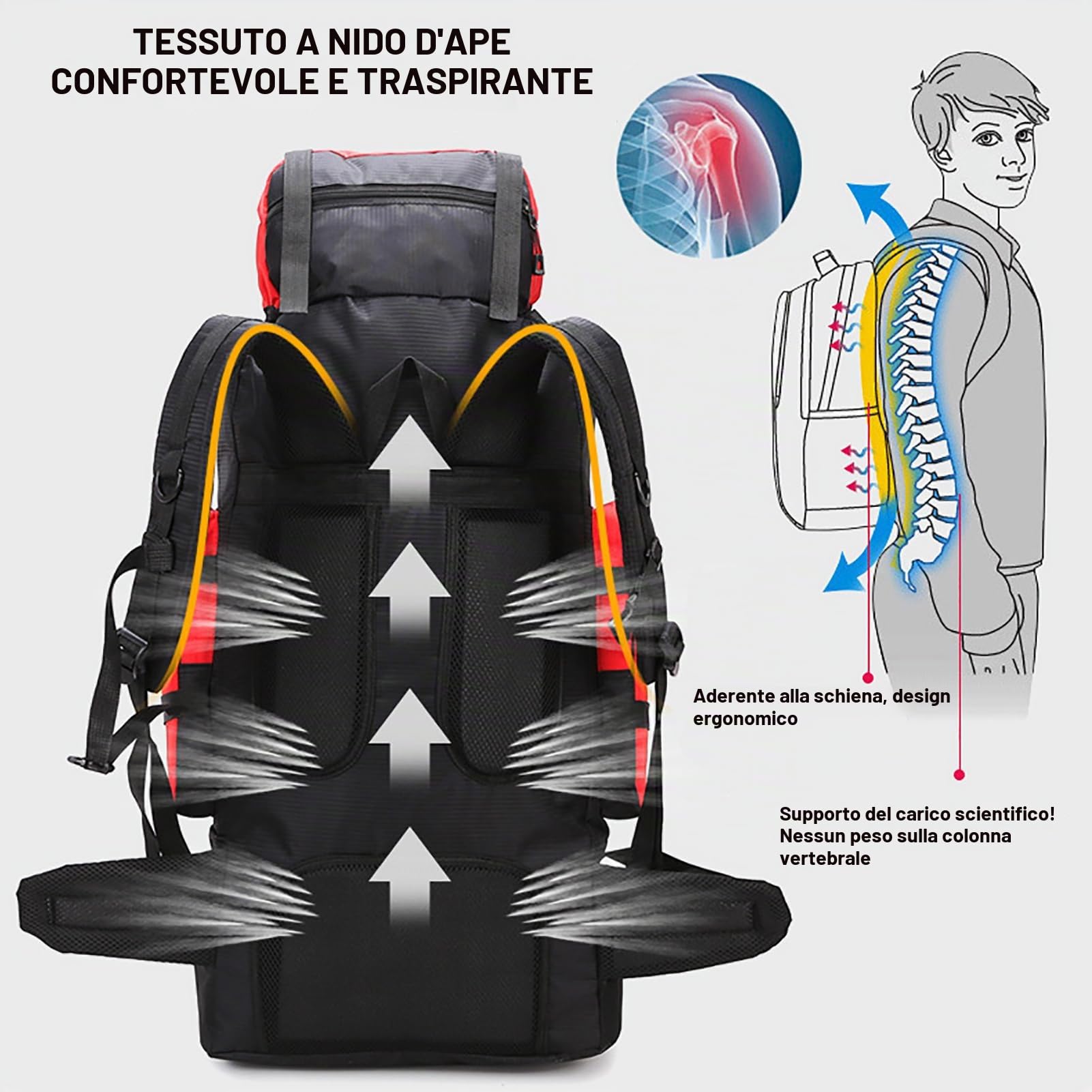 Zaino da Trekking 80L - 90L Impermeabile Zaini da Escursionismo Zaino Viaggi di Campeggio Montagna per Donna e Uomo Zainetto Leggero Zaino per Alpinismo Arrampicata Ciclismo,Rosso