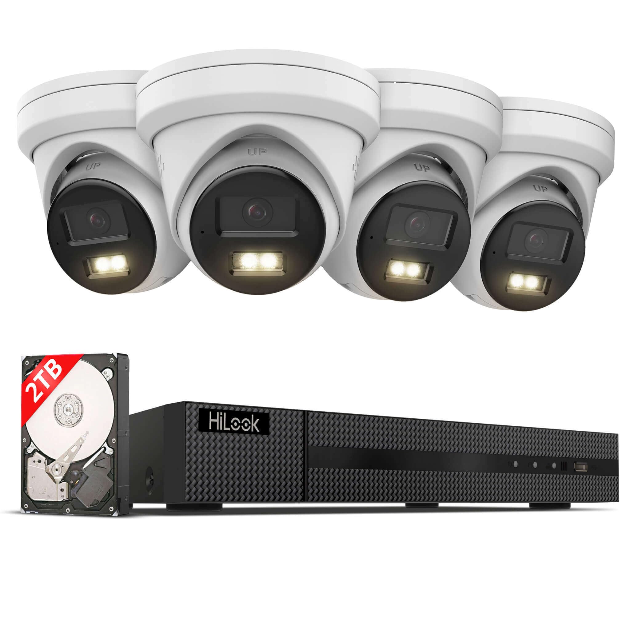 Hilook Set di telecamere di sorveglianza 4K per esterni, 4 x 8MP/4K PoE Dom Outdoor Camera | Visione notturna Smart Hybrid Light | Rilevamento di oggetti e persone | 8CH NVR 24/7 | HDD da 2TB