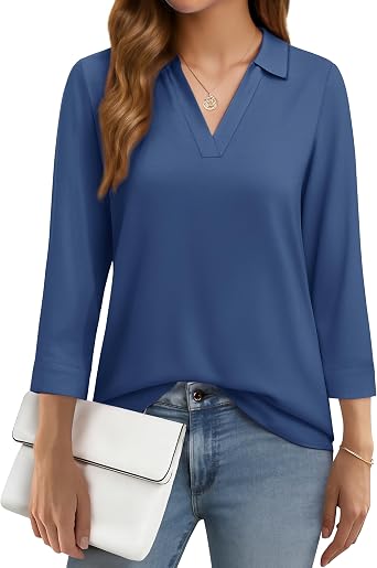 YUCOLEN 3/4 Sleeve Tunic Tops for Women V Neck Collared Shirts Chiffon Work Blouses Dressy Casual S-XXL