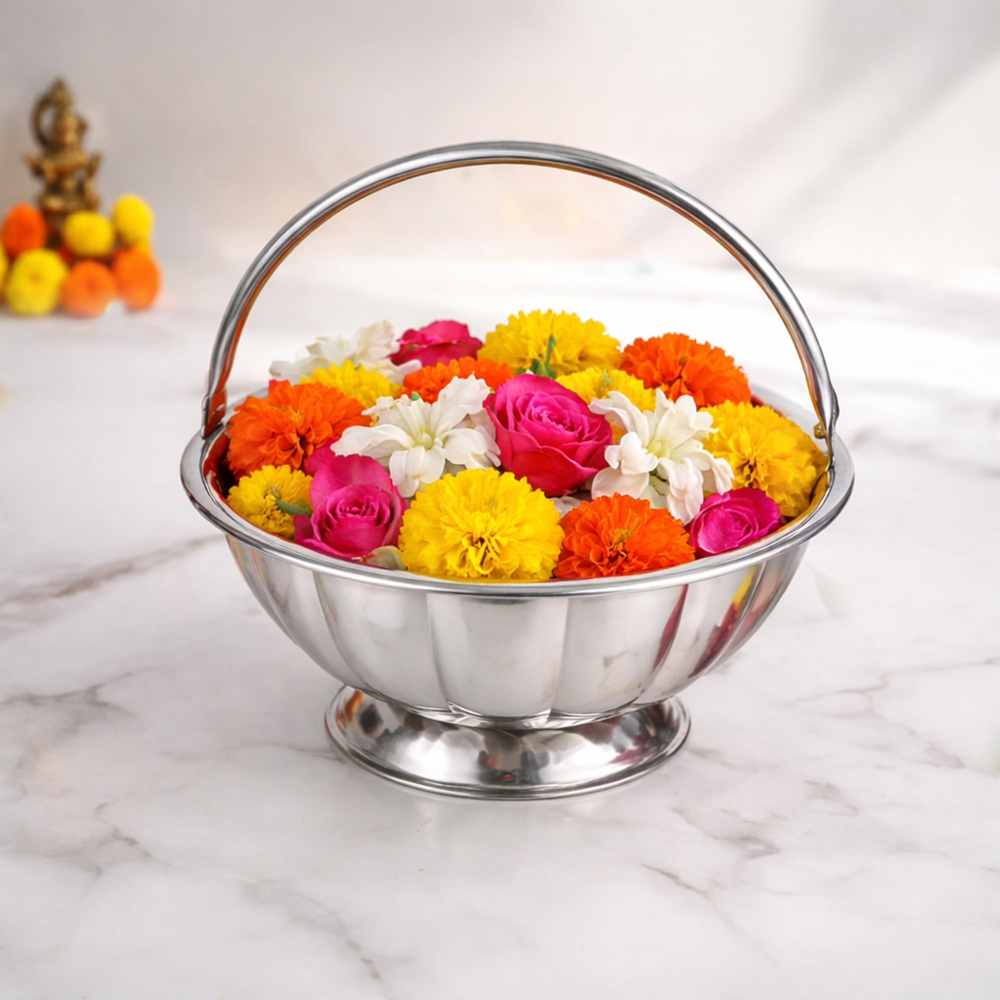 Traditional Handcrafted Silver Flower Basket for Pooja|Decorative Thali for Temple Use | Pooja Flowers Holder for Mandir|Plated Lotus Basket|Worship – Silver Lotus Flower Basket-image-42