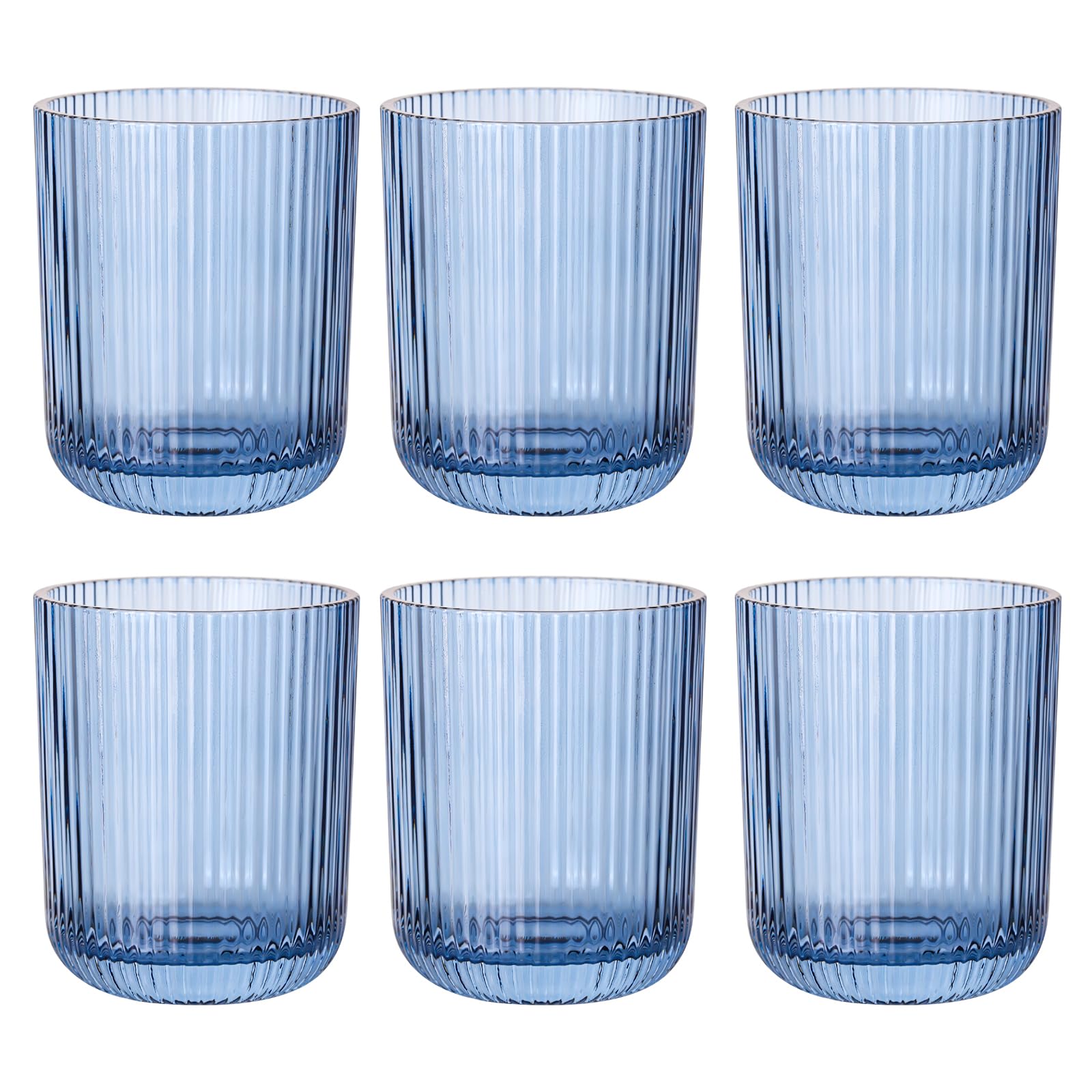 Blue Ribbed Drinking Glasses Set of 6,8.5oz Vintage Highball Tumblers,Colored Glassware for Water, Juice,Coffee,Cocktails,Blue Glass Cups,Housewarming & Christmas Gift