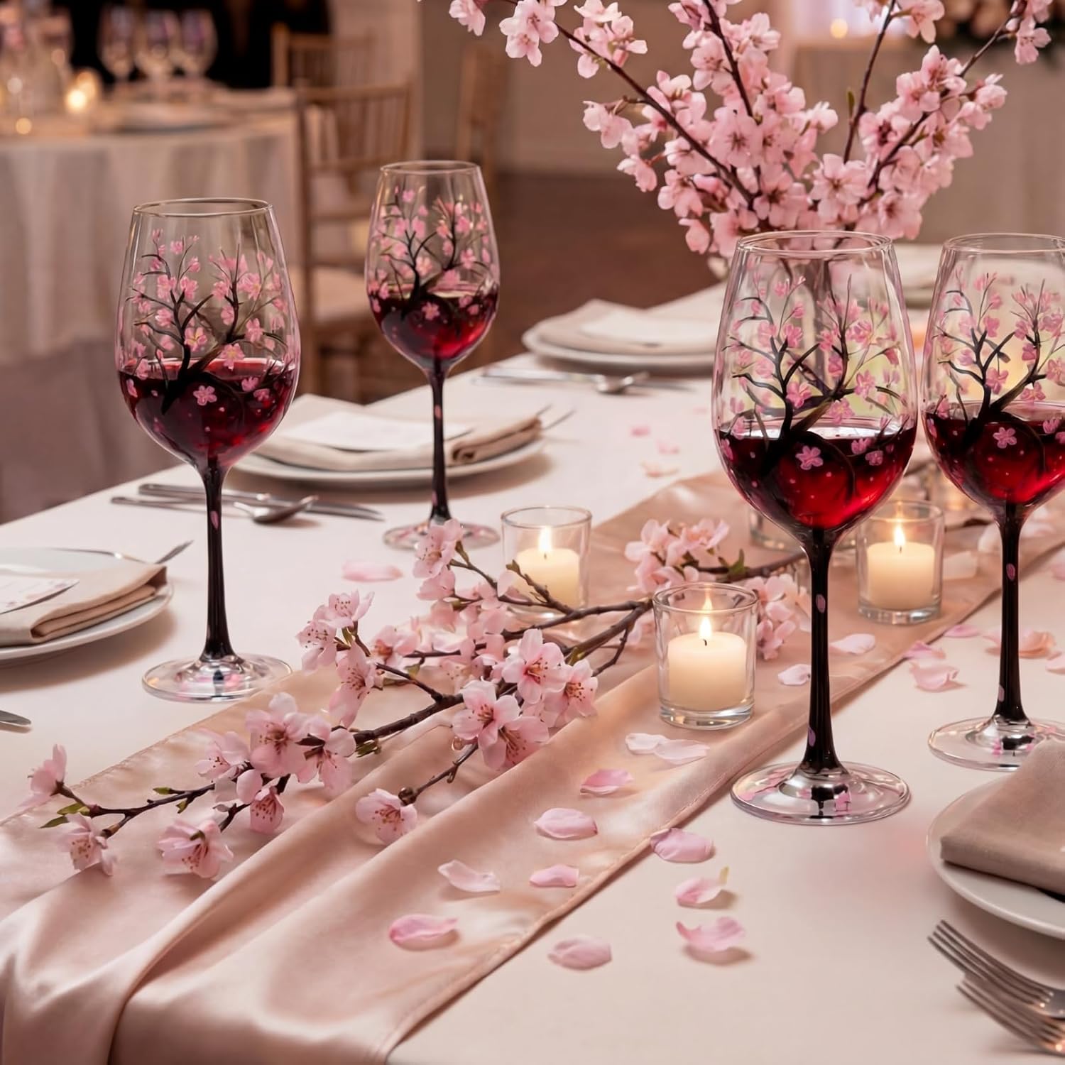 Ceenna 4 Pcs Cherry Blossom Glass Hand Painted 13.5 oz Flower Painted Wine Glass Floral Drinking Cups Transparent Goblet for Weddings Birthday Gifts Home Office Party Supplies