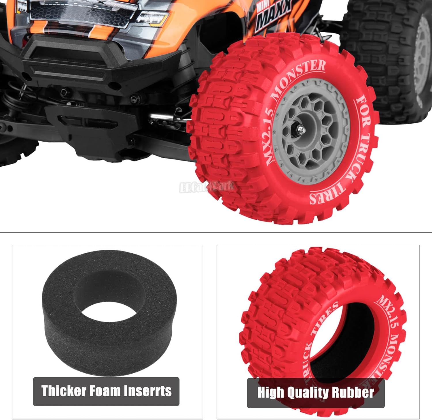 12mm Hex RC Drift Wheels for 1/16 Mini Maxx & Mini XRT MJX 16207 16210 16209 16208,HSP 94186,E-Revo,L0s1,1/18 Mini LMT RC Crawler Car Truck,BRCatWPark RC Wheel Tires,Mini RC Truck Tires,Grey Red