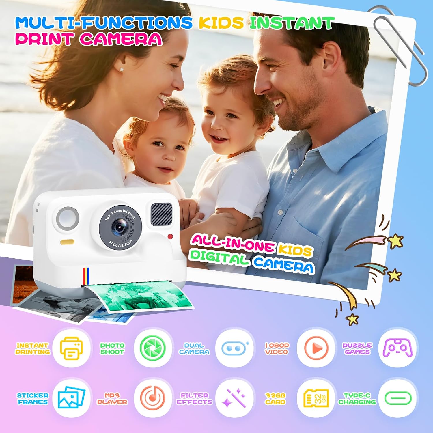 Instant Print Camera for Kids, Christmas Birthday Gifts for Girls Boys Age 3-15, 1080P Selfie Portable Digital Video Camera with 32GB SD Card, 3-Colored Print Paper- White