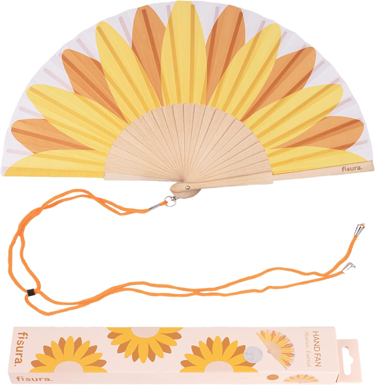 Fisura - Original Folding fan with Sunflower Print. Wooden handheld fan for women. Yellow Design for raves, festivals, weedings. Hanger included. Size: 16.7 x 9 inches