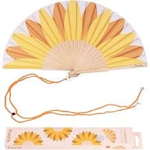 Fisura - Original Folding fan with Sunflower Print. Wooden handheld fan for women. Yellow Design for raves, festivals, weedings. Hanger included. Size 16.7 x 9 inches