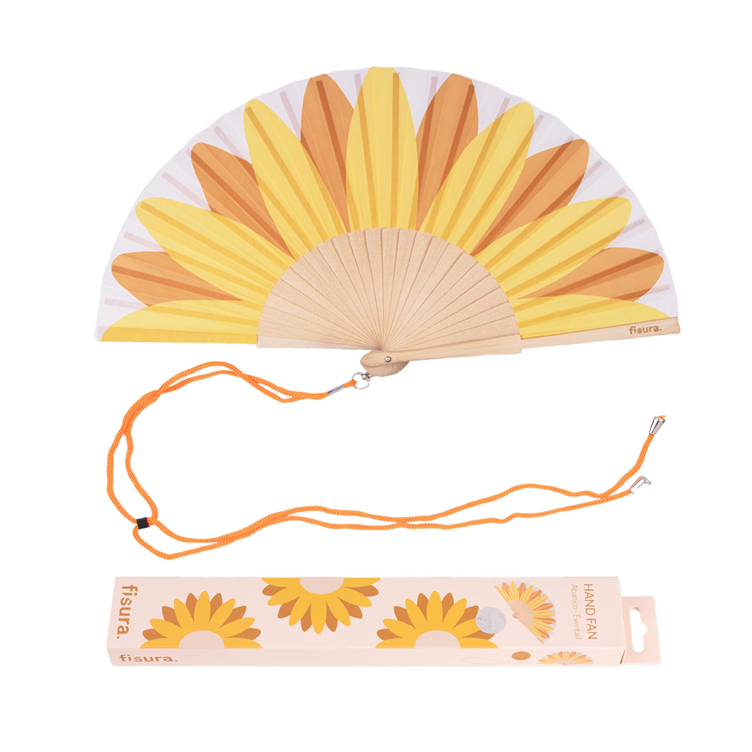 Fisura – Original Folding Fan with Sunflower Print, Modern and Colourful Folding Handheld Fan, Yellow Design for Wedding, Rave, Festival -Includes Strap. Size: 42.5 x 23 cm