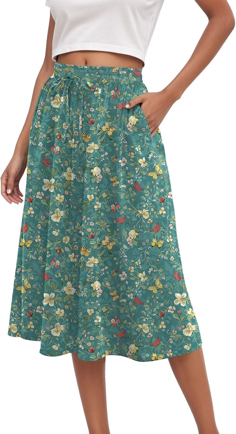 Pamqsen Midirock Damen - Blümchenmuster, Hohe Taille, Knielang & Luftig Für Sommer & Boho-Style