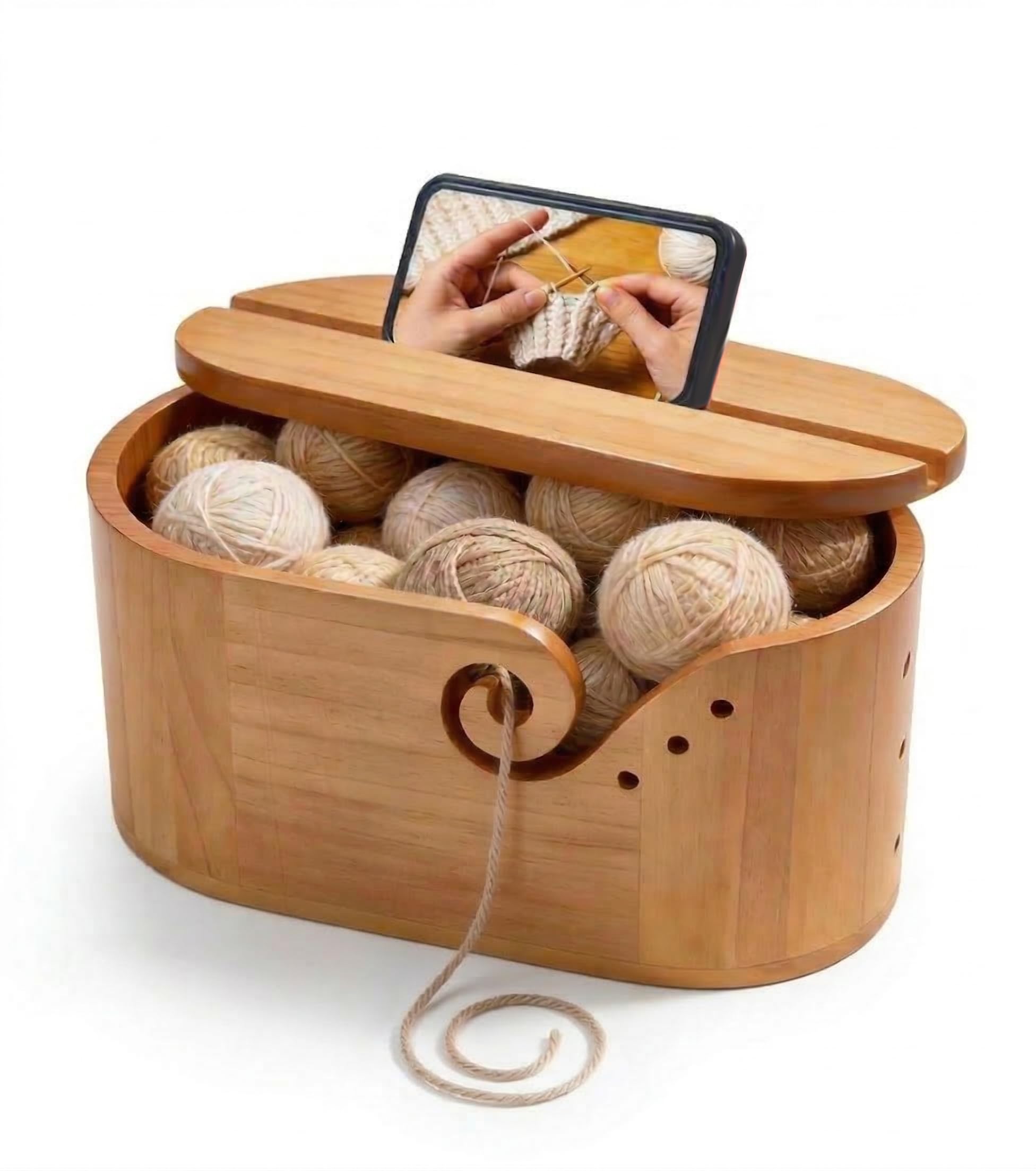 Cuenco de hilo para almacenamiento de ganchillo y tejido, diseño grande de madera con soporte para teléfono y tapa, doble ranura para rizar para un flujo suave antienredos, para artesanos
