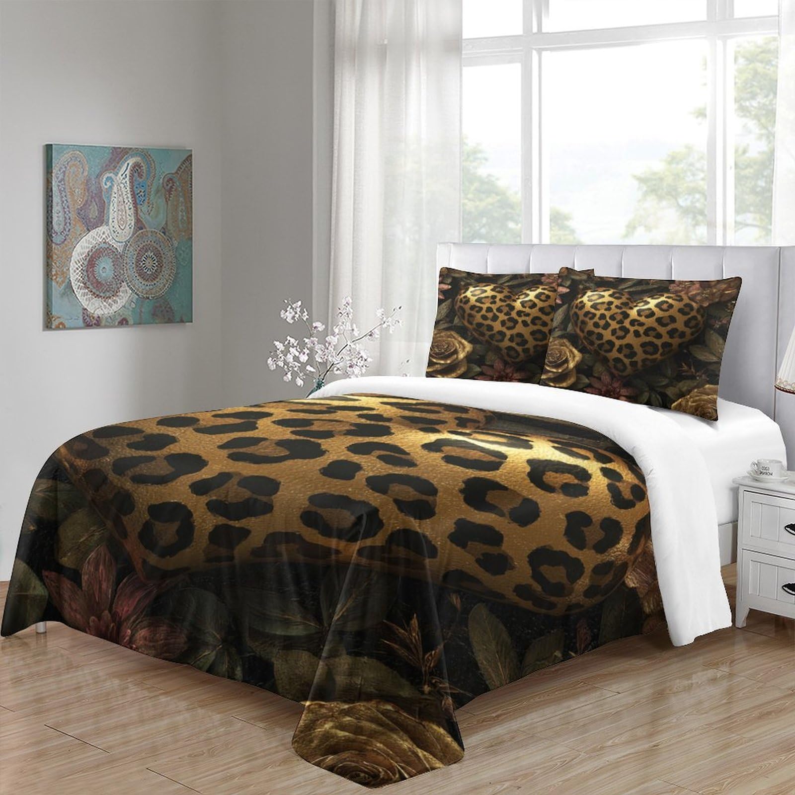Stampa 3D Leopard heart Fodera per copriletto Microfibra Biancheria per letto Con federa Duraturo Glamorous decorative Copertura per letto Morbido per single giovani coppie Super king（260x220cm）