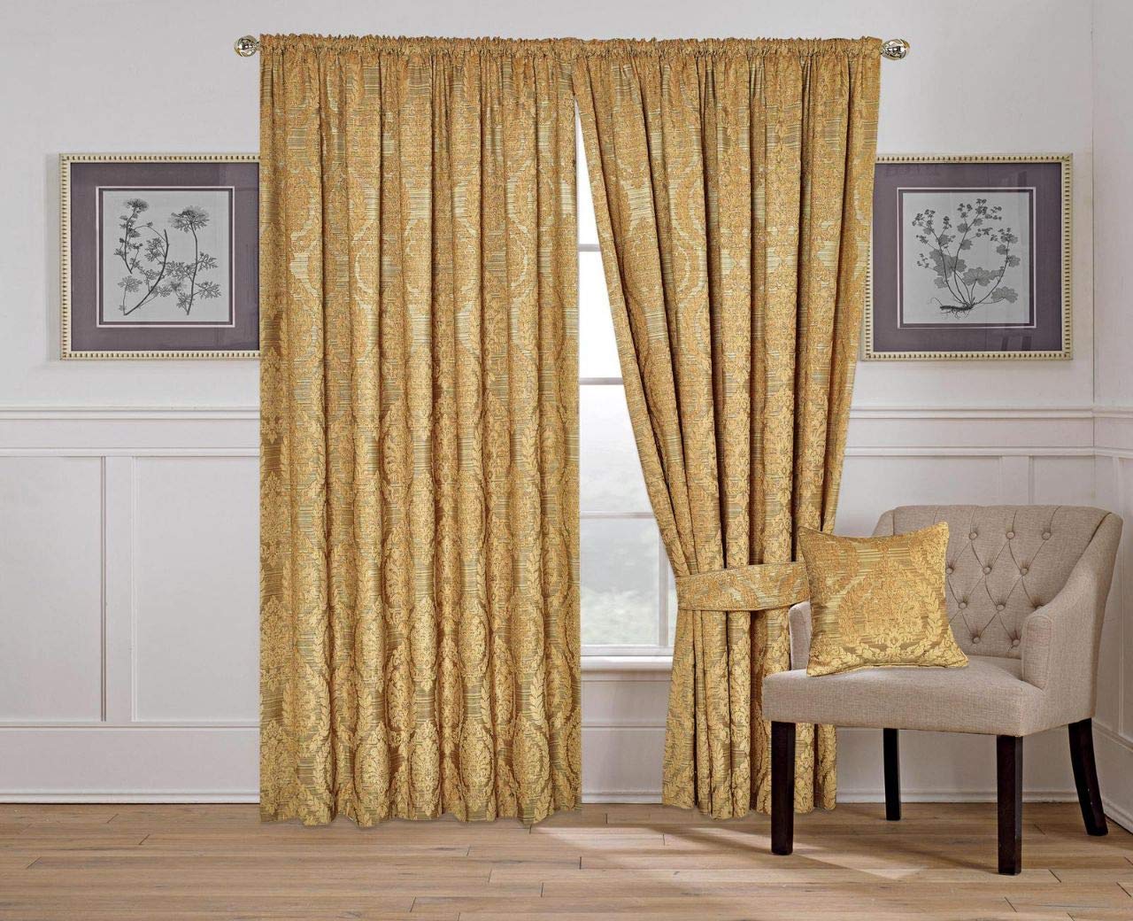 Luxury Heavy Jacquard Pencil Pleat Curtains Fully Lined + Matching Tiebacks Gold 90 x 90