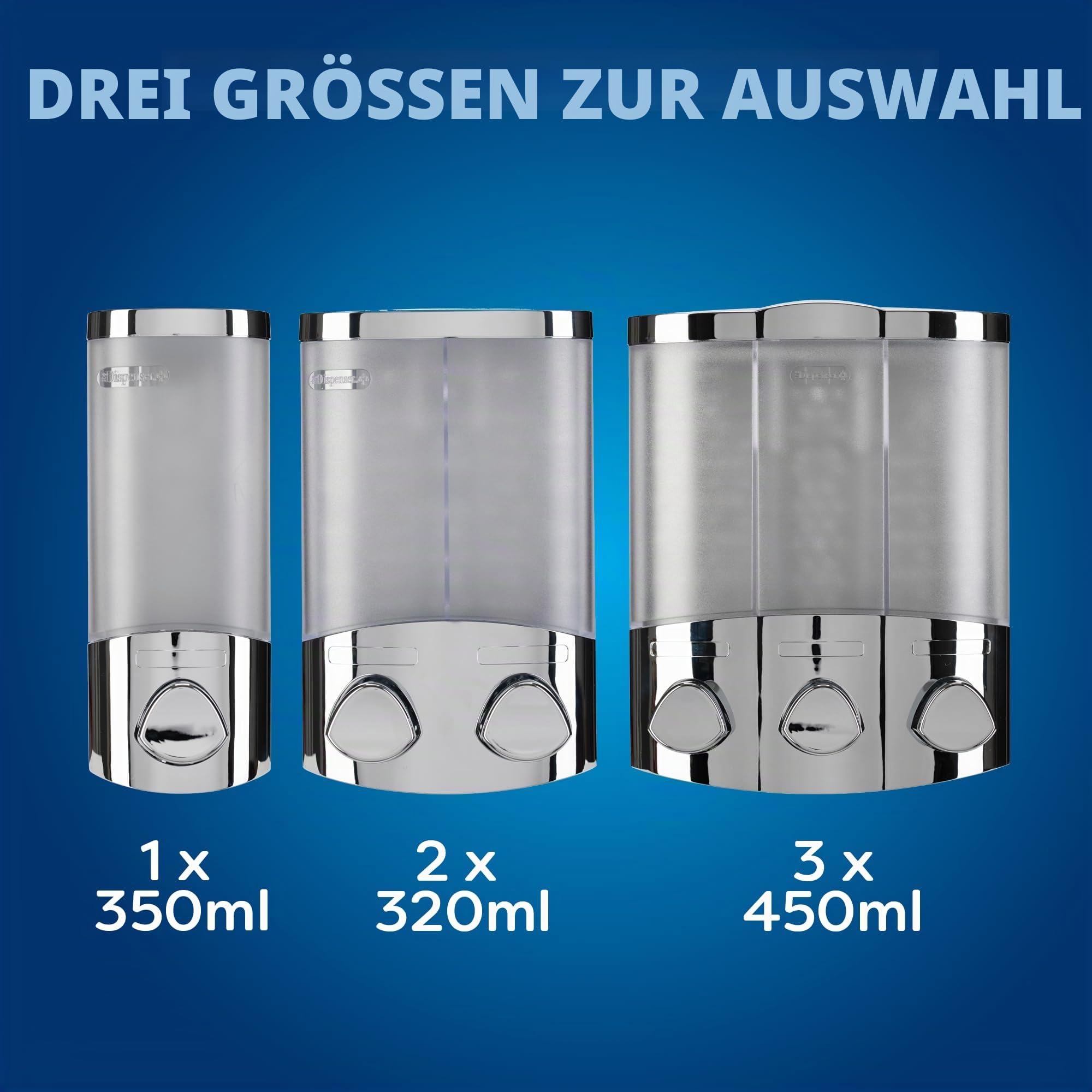 Croydex Seifenspender Wandbefestigung – beseitigt Flaschenchaos, einfaches Nachfüllen mit Einer vordosierten Pumpe für Ihr Duschgel, Shampoo und Spülung, Eck- oder Flachmontage (Chrom, 3 x 450 ml)