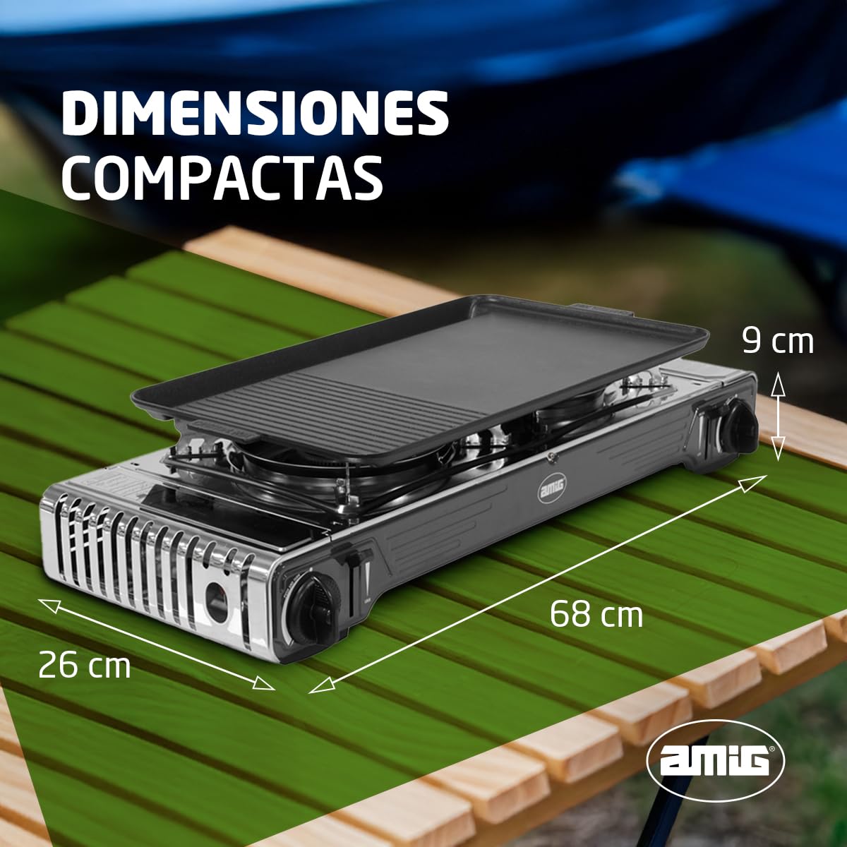 Amig - Camping Gas portátil 2 fuegos CAMP02 - Cocina doble - 2x Quemadores - Incluye Plancha - Parrilla De Fundición - Acero Inoxidable - 2,2 Kw Potencia x 2 - Compatible Cartuchos B-250