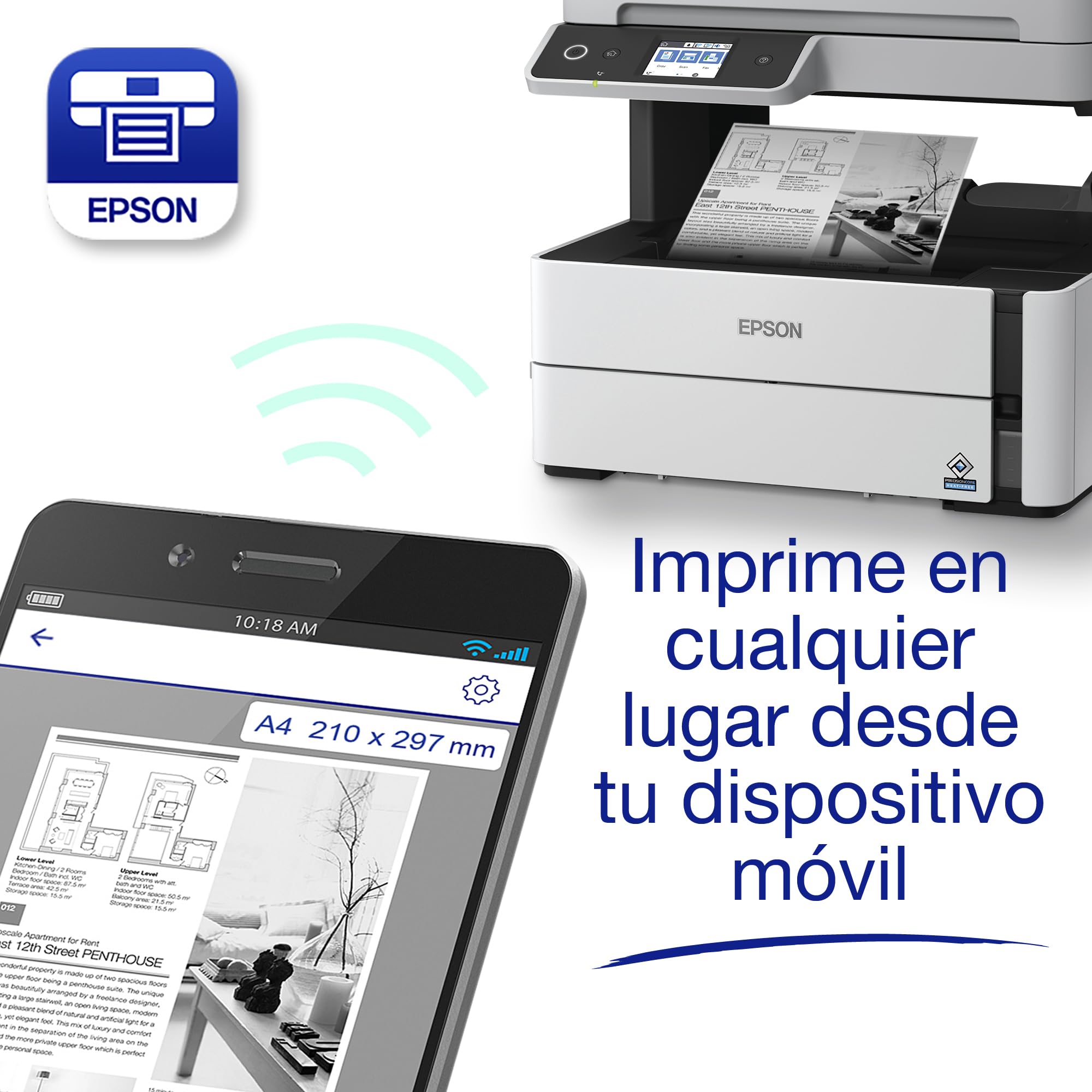 Epson EcoTank ET-M3180 I Impresora de Depósito de Tinta | Impresión Monocroma | Wi-Fi | A4 | Imprimir, Copiar, Escanear, Fax | Imprime Doble Cara | Pantalla Táctil 6.1cm | ADF | PCL