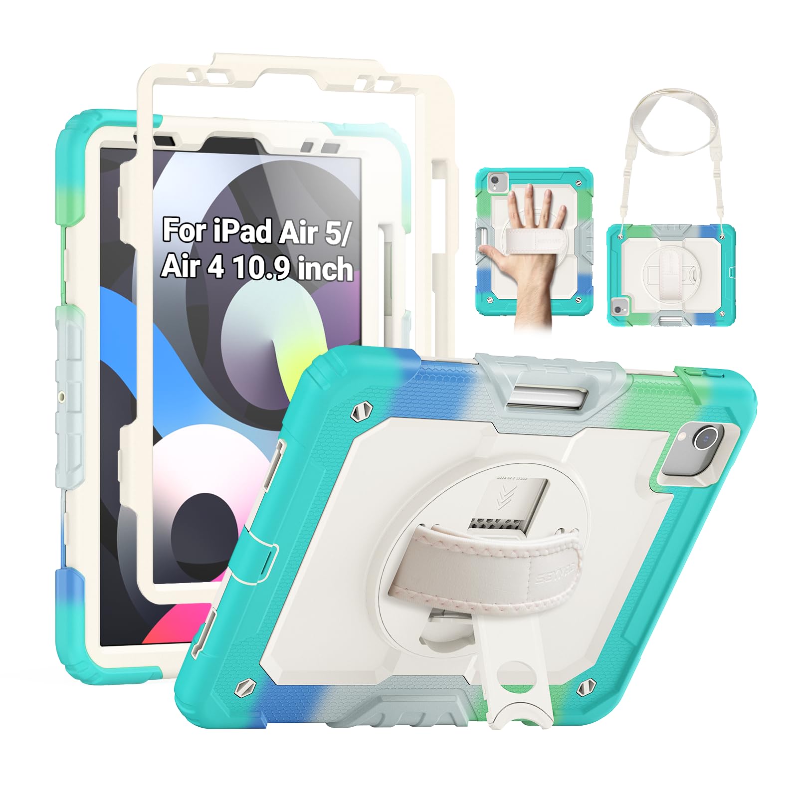 SEYMAC Case for iPad Air 5th/ 4th Generation 10.9", Full-Body Shockproof Protective Case with Screen Protector, Rotating Stand/Handle/Shoulder Strap/