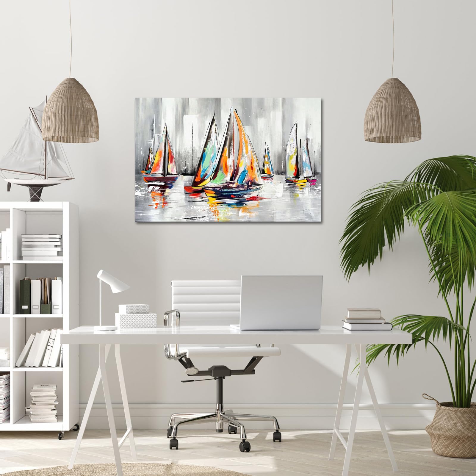 KLVOS Colorful Sailboat Canvas Wall Art Abstract Boats Painting