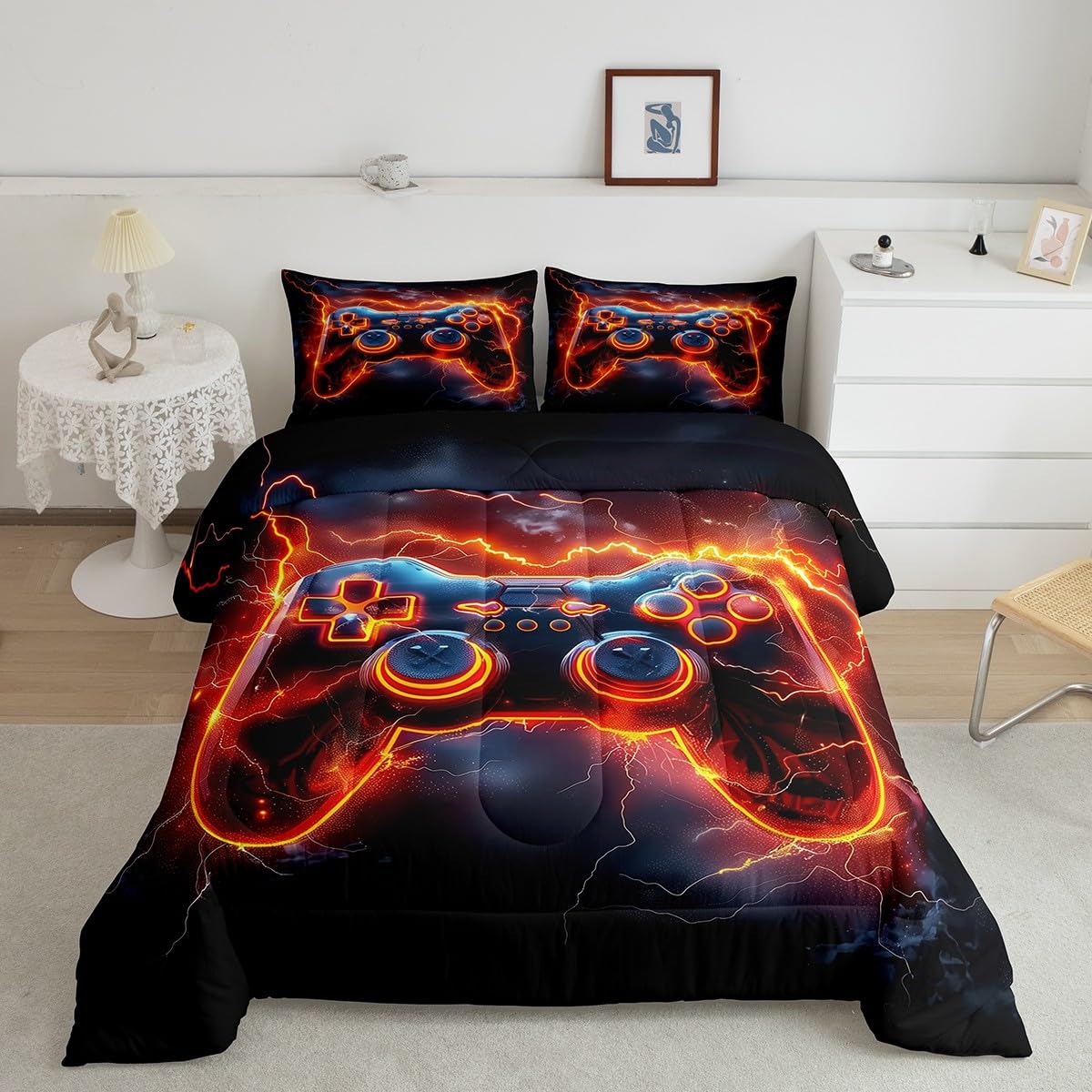 meiyoeat Gamer Gaming Comforter Set Toddler Size Boys Red Black Lightning Bedding Set Kids Girls Teens Game Controller Duvet Insert Breathable Game Controller Quilt Bedroom Decor
