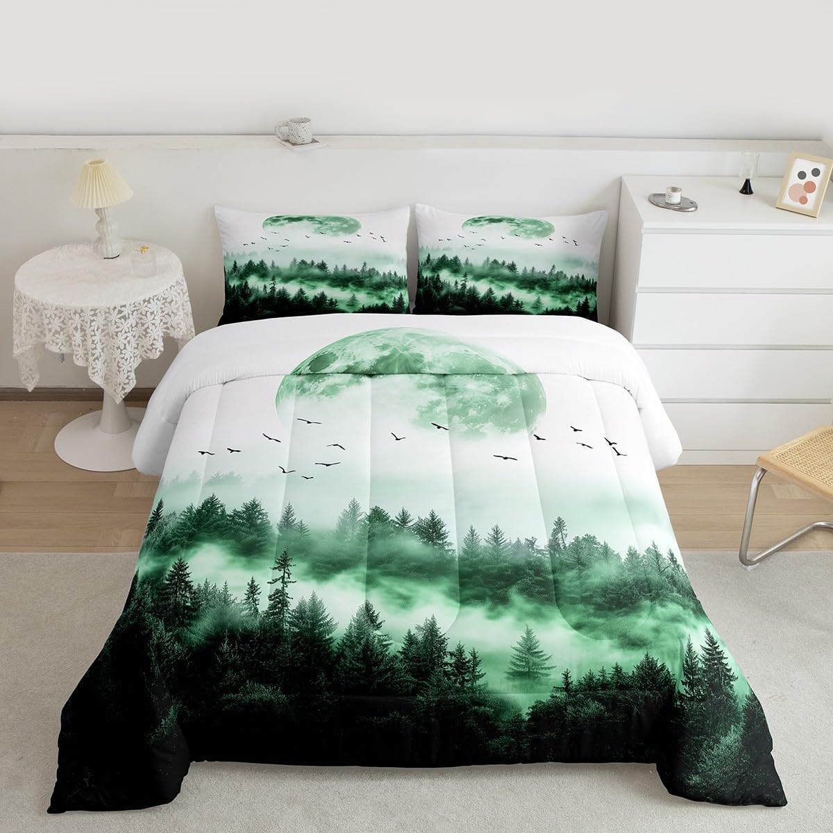 Erosebridal Smoky Mountains Comforter Set, Tree Pattern Down Comforter Natural Landscape Quilted Duvet Pine Plant Bedding Set, Decorative 2 Piece with 1 Pillow Case, Green White(Twin Size)