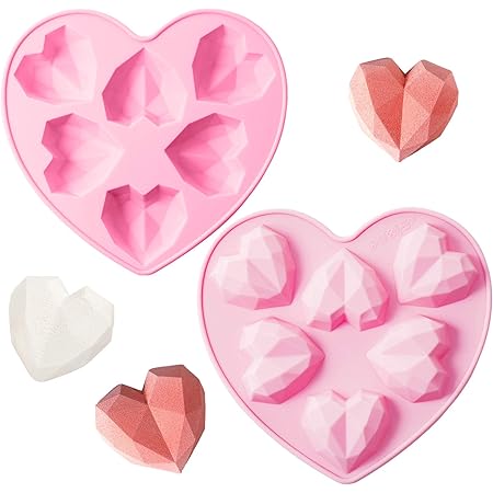2 Pieces Moules De Coeur 3d Moule A Gateau Chocolat En Silicone Moule De Coeur Geometrique De Diamant De Plateau Pour Dessert Mousse Cheesecake Creme Glacee Fondant De Mariage Saint Valentin