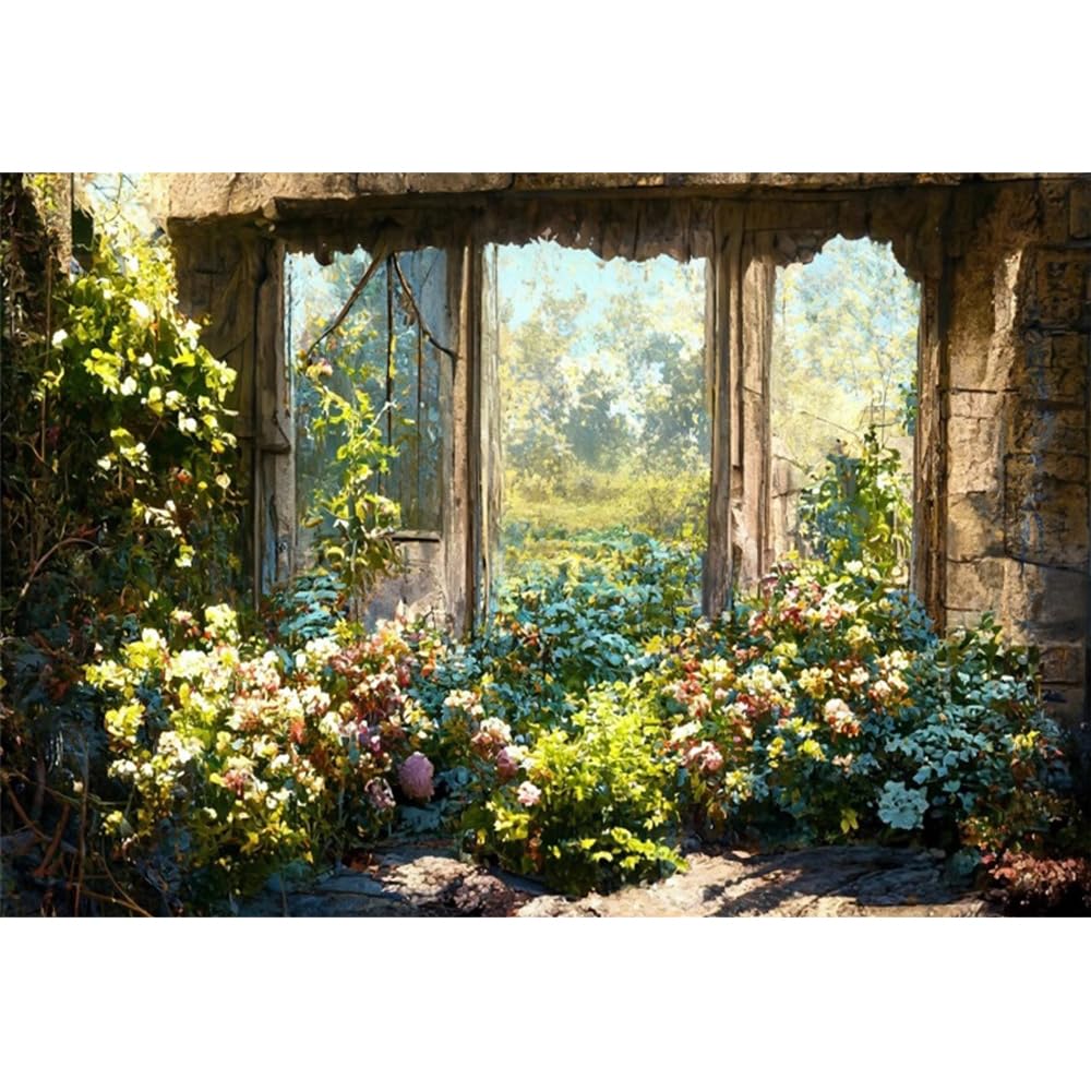 DORCEV 10x8ft Vintage Garden Backdrop for Photography European Oil Painting Style Garden View Backdrop Spring Floral Flowers Plants Arched Windows