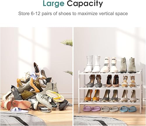 Miniatura 5 de Zapatero blanco, zapatero de madera de bambú de 3 niveles para armario, entrada y pasillo, y organizador de almacenamiento apilable para interiores