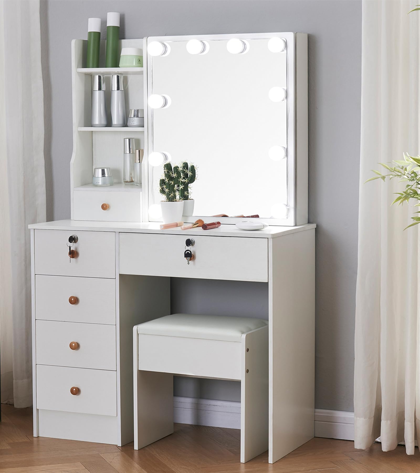 tojump Large Makeup Vanity with Lighted Mirror, Vanity Desk with 3 Color Lighting Modes, Adjustable Brightness, 5 Drawers Vanity Table with Cushioned Stool (Modern Vanity 05), White