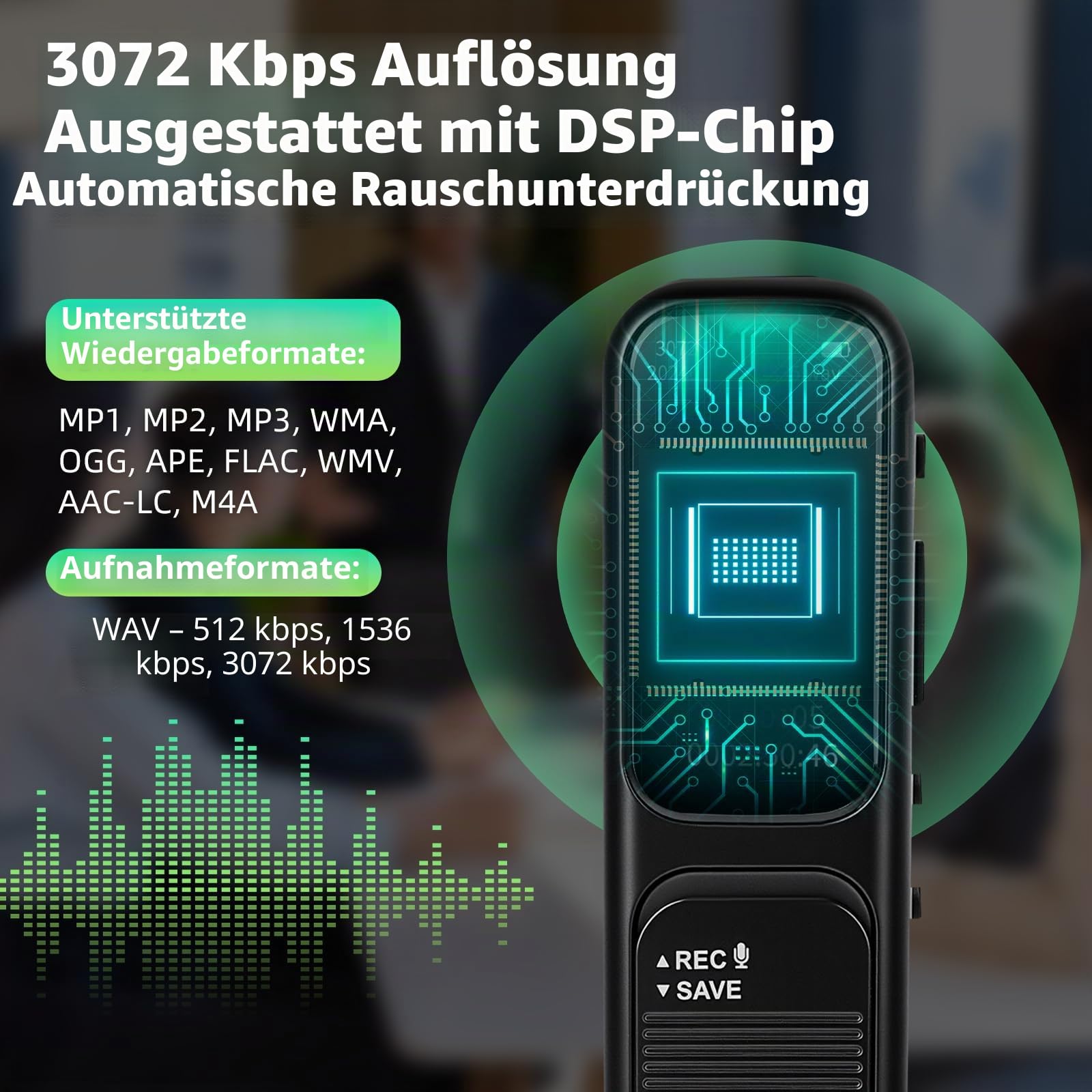 64 GB Diktiergerät Digital mini – 3072 Kpbs Magnetisches Sprachaktiviertes Aufnahmegerät mit DSP-Rauschunterdrückung für Anrufe/Interviews/Unterricht/Besprechungen