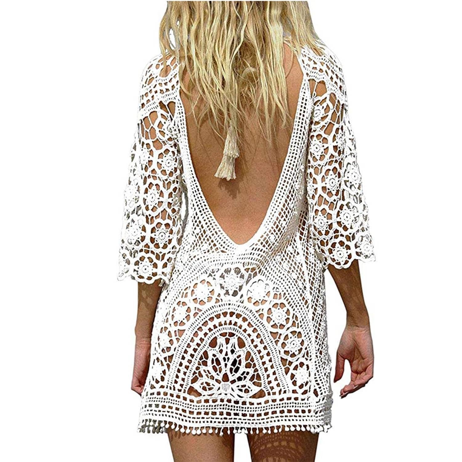 TBSCWYF Vestido de Playa Mujer Bohemia Boho Suelto Verano Traje de Baño Elegante Crochet Mangas Largas Sueltas Playa Hueco Traje de Baño