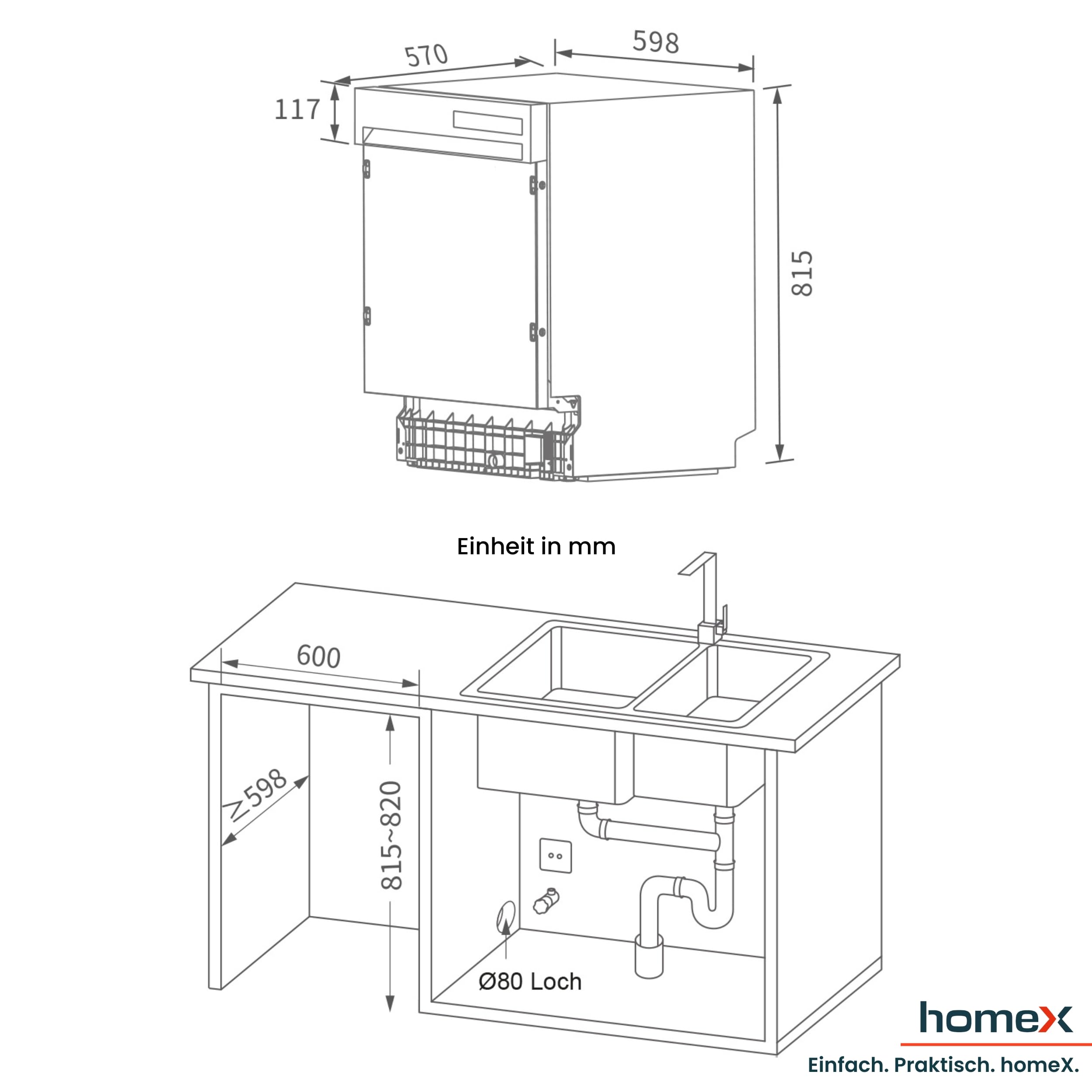 homeX DWSI601449E Geschirrspüler 60 cm teilintegrierbar 14 Maßgedecke 6 Programme AquaStop 49 dB Touch Control Einbaugeschirrspüler