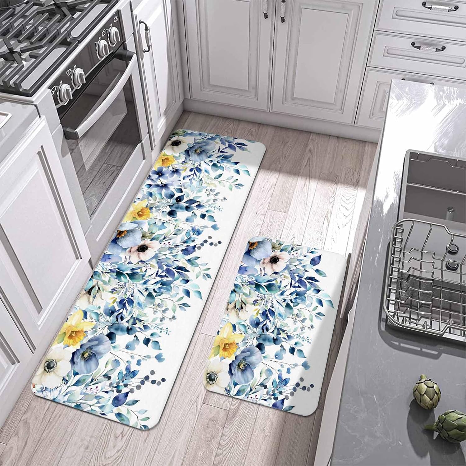 Pastoral Botanical Kitchen Mat Set 2 Pieces Blue Eucalyptus Leaves Yellow Floral Plants Non Slip Kitchen Rugs Washable Runner Rug Mats for Kitchen Sink Laundry Office (23.6" x 35.4"+23.6" x 70.9")