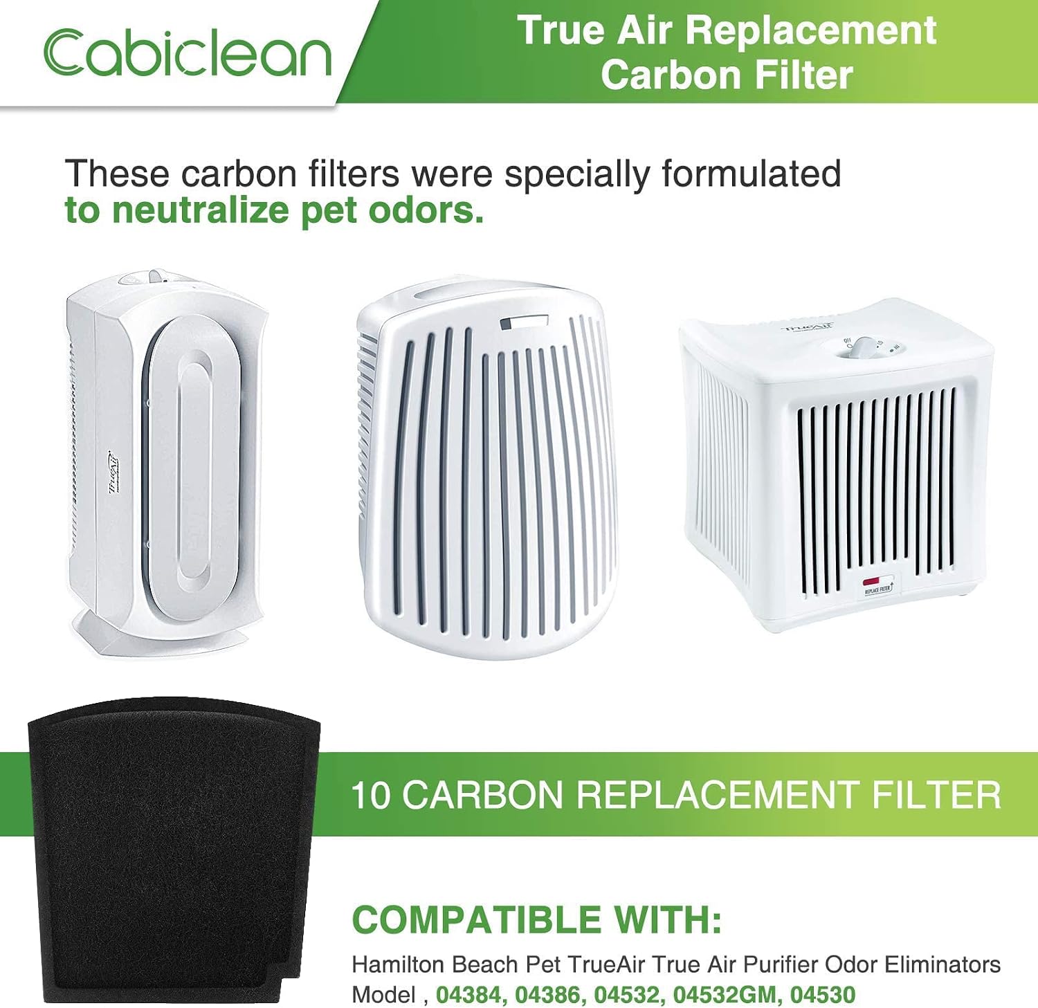 Cabiclean True Air Replacement Carbon Filters Compatible with Hamilton Beach Pet TrueAir Purifier Odor Eliminators Model 04384, 04386, 04532GM, 04530G, 04530GM & 04531GM,Compared to part # 04234G (10-Pack)