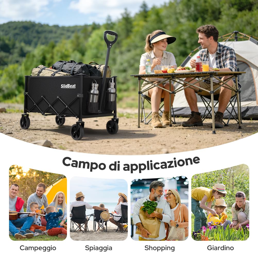 SLIDBEAT - Carrello Pieghevole 120L, Carrello da Campeggio Portatile 100kg, Carrellino Spiaggiacon Maniglia Regolabile Adatto a Tutti i Terreni