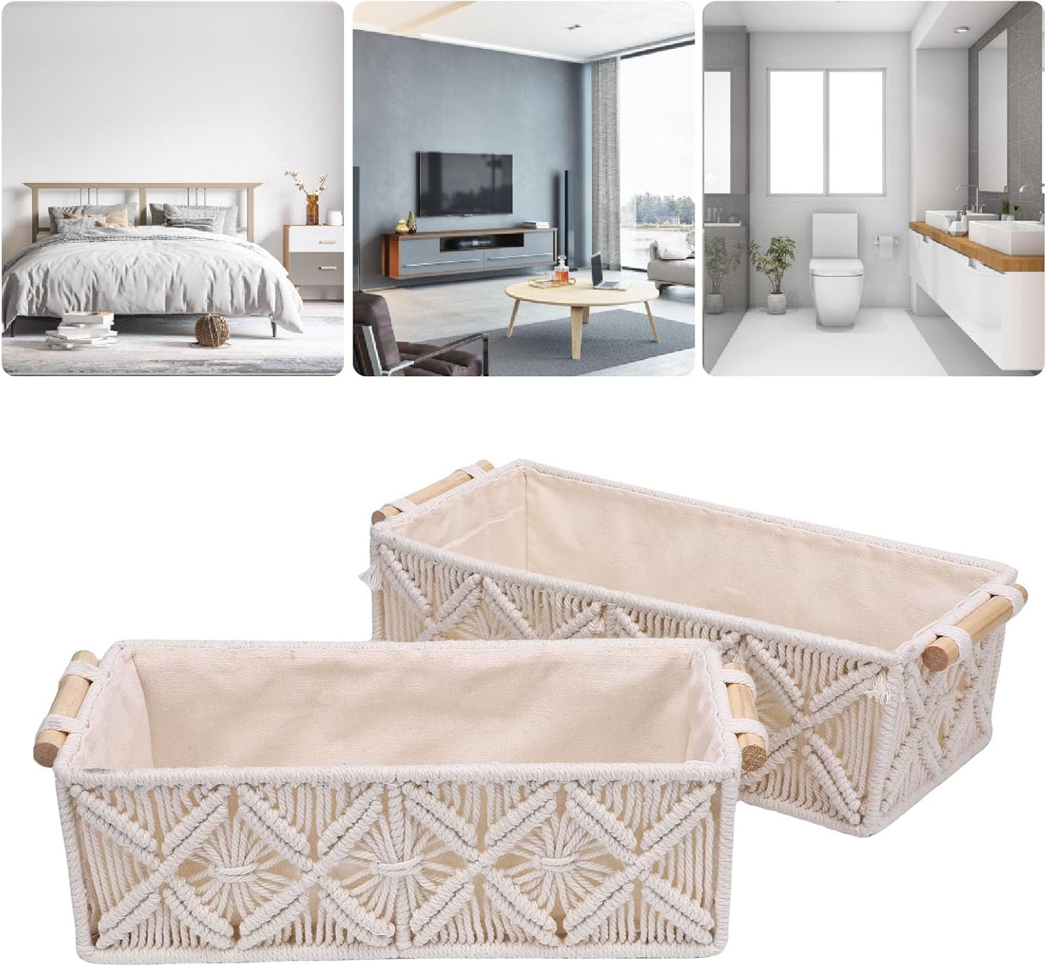 AUNMAS Hand Woven Storage Basket with Handles 2pcs Bohemian Cotton Rope Decorative Storage Bin for Towel Toiletries Magazines Remote Control